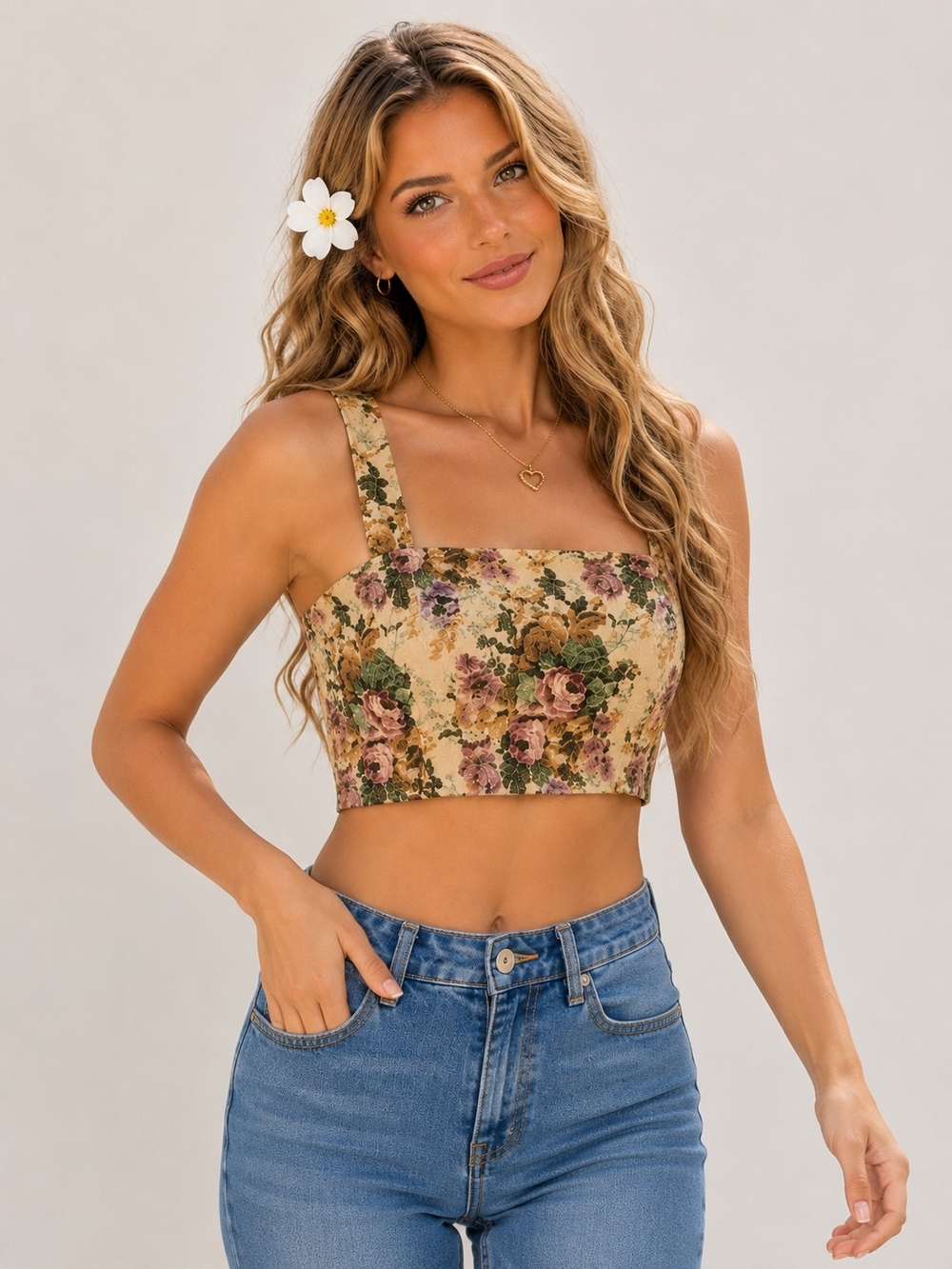 Sugar Thrillz Floral Square Neck Crop Top Beige Pink Roses NWT M
